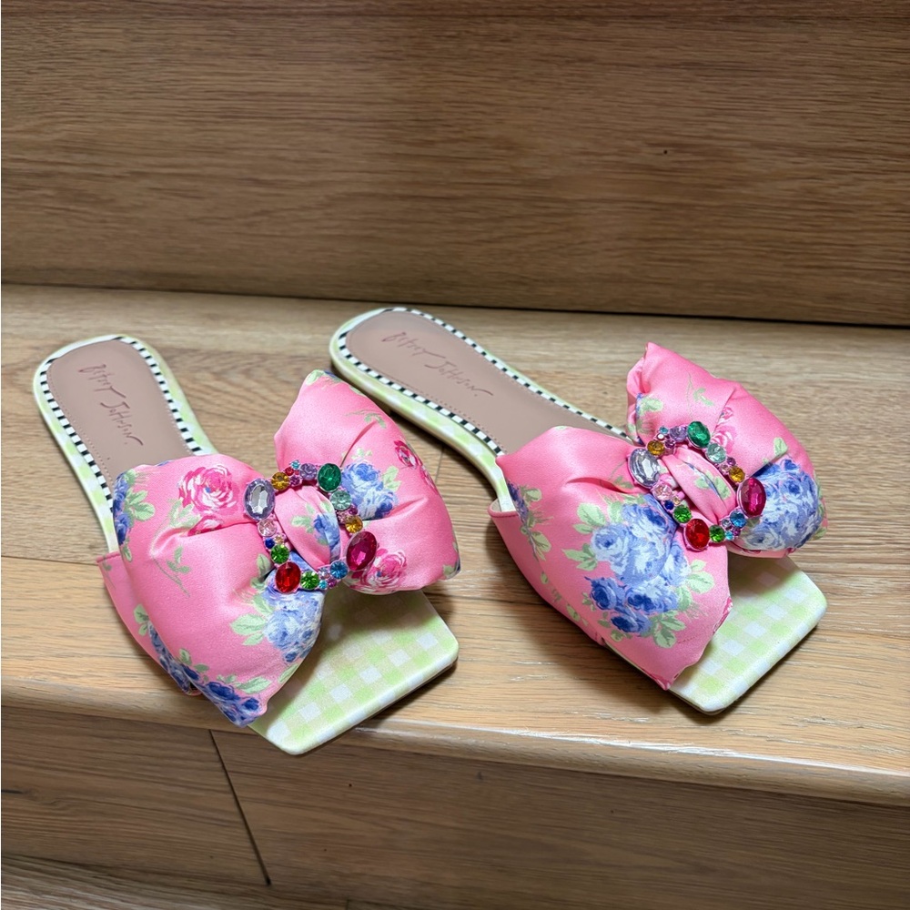 Betsey Johnson Pink Floral Bow Slide Sandals with Multicolor Gems